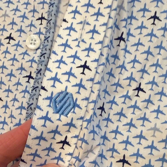 Johnston & Murphy White and Blue Airplane Short Sleeve Button Down Large C11-016 - Picture 5 of 7